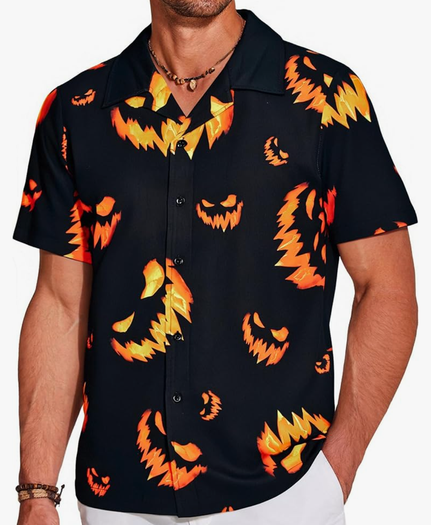 Men's Halloween Button Up Shirt Hawaiian Pumpkin Bat Printed Short Sleeve Halloween Shirt for Costume Party Size 2XL