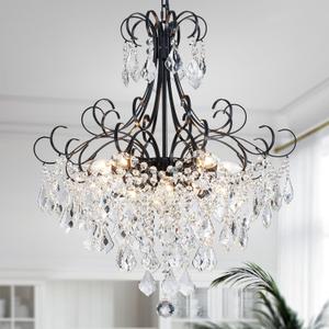 WUZUPS Crystal Chandelier 10-Light Pendant Ceiling Light Modern Lighting Fixture for Dining Room Hallway Bedroom Kitchen Bathroom, H 27.6" x W 22.8", E12 Base, Black