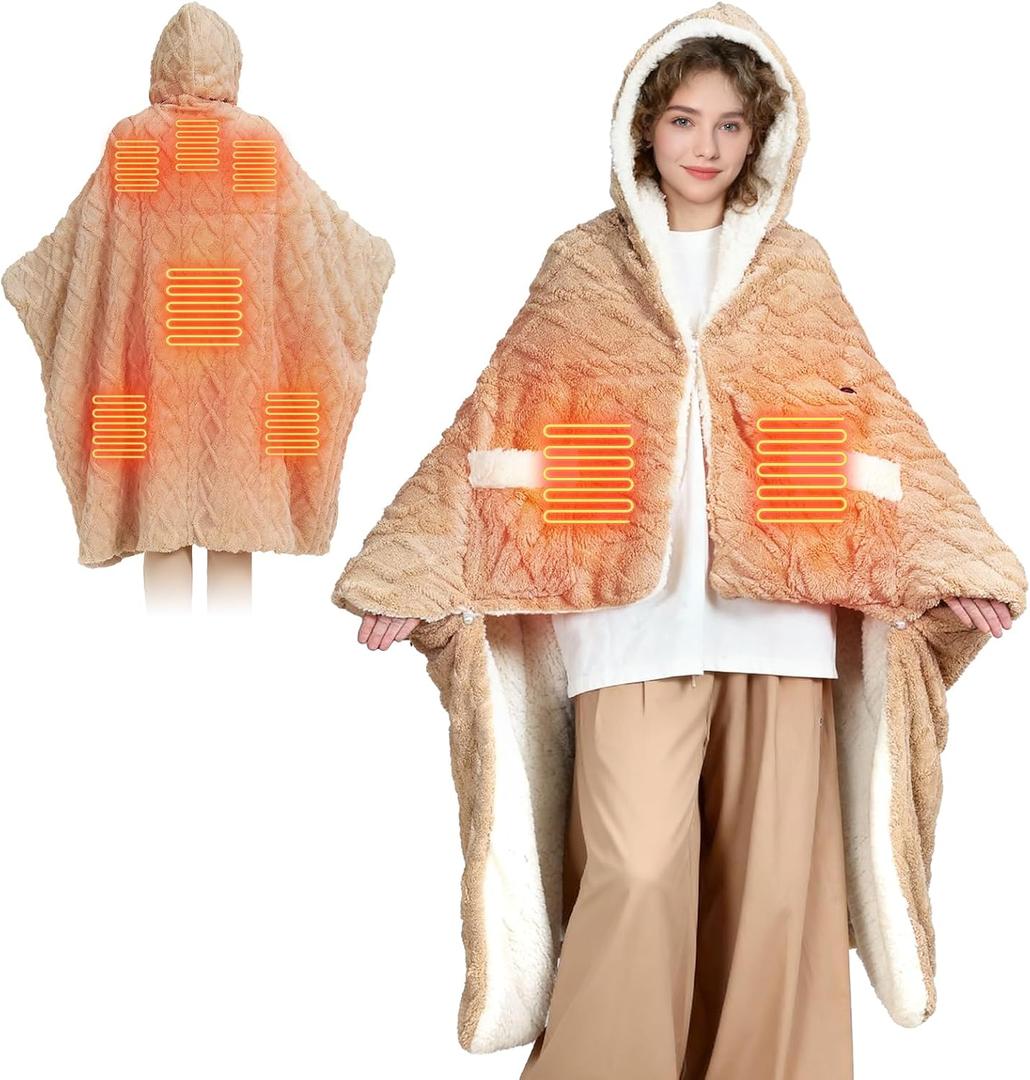 Heated Throw Blanket Wearable Battery Operated, 59" x 63" Cordless Portable Electric Blanket Wrap Poncho, Outdoor Heated Shawl 8 Heating Zones, For Travel,Camping,BedBattery Not Included