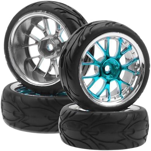 ShareGoo Plastics Wheel Rims w/Rubber Tire RC 12mm Hex Hub Compatible with HSP Tamiya XV01 TT01 Kyosho Traxxas Sakura WLtoys HSP 3Racing 1/10 RC On-Road Racing Touring Car (Blue)