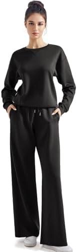 SUUKSESS Women Modal Fall 2 piece outfits Oversized Sweatshirt Wide Leg Pants, Large