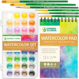 Norberg & Linden Watercolor Paint Set - 36 Premium Paints - 12 Page Pad - 6 Brushes - Painting Supplies with Palette, Watercolors, Art Pad Paper and Artist Brushes (Multicolour)