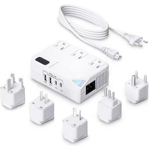 250W Conversion Plug, International Travel Converter with 4 USB Ports, lowering 220V to 110V for 100V-240V Areas and Different Countries Plugs Using US Electrical Devices (White)