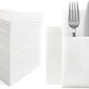 Disposable Dinner Napkins Cloth Like with Built-in Flatware Pocket,Wedding Party Linen Feel White Napkin, Prefolded for Silverware,15.74"x15.74" Pack of 50