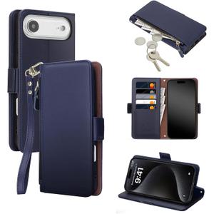 COBEAR for iPhone 17 Air Case Wallet, Pu Leather Flip Phone Case with Wrist Strap, Zipper Pocket, Kickstand, Women Men Phone Wallet Case with Card Holder for iPhone 17 Air, Blue