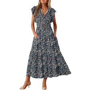 BLENCOT Womens Cotton Floral Maxi Dresses Casual Flowy Boho Dresses Summer Ruffle Short Sleeve V Neck Dress with Pockets, M