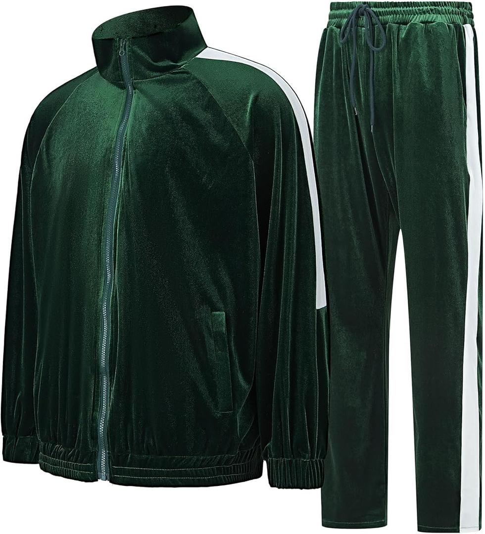 Mens Tracksuit 2 Piece Velour Sweatsuit for Men Casual Full Zip Jogging Suit Jacket Pants Set, XL, Green