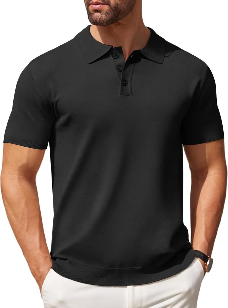 COOFANDY Mens Knit Polo Shirts Casual Short Sleeve Button Down Polo Shirt Classic Golf Shirts (3X-Large, All Black)