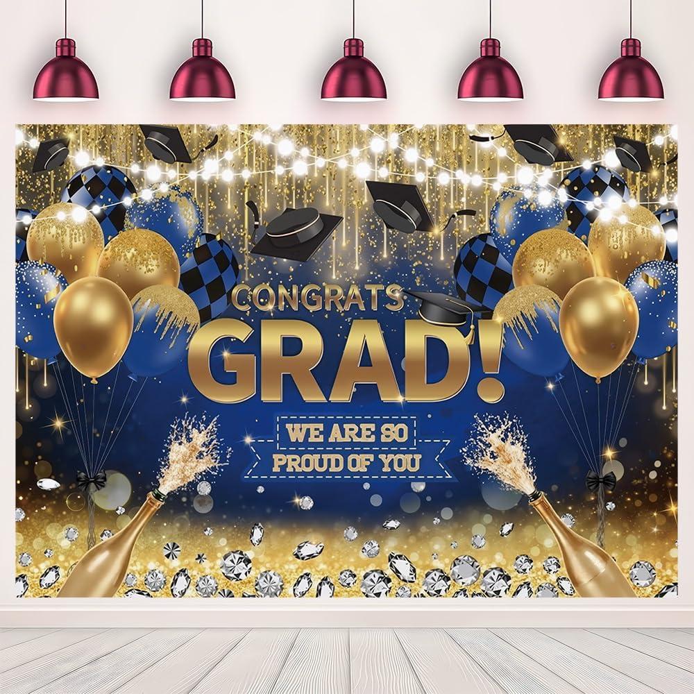 7x5FT Blue Gold Congrats Grad Theme Photo Backdrop We are So Proud of You Photography Background Graduation Party Banner Indoor Outdoor Congratulations Graduate Decoration Polyester
