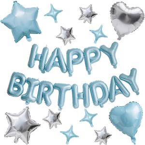 Light Blue and Silver Happy Birthday Party Decorations, 16 Inch Happy Birthday Balloons Banner for Men, Heart Star Foil Balloons