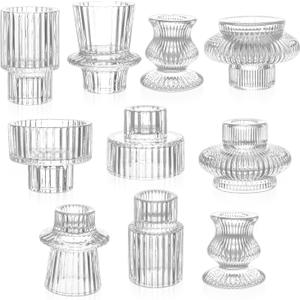 10 Pcs Glass Candlestick Holders Set, Glass Crystal Taper Candle Holders Striped Vintage Reversible Clear Candle Stick Holder Ideal for Wedding, Party, Festival Celebrations, 5 Styles