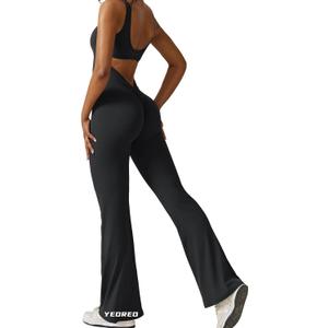 YEOREO Women Workout Scrunch Flare Jumpsuits Sexy Backless Butt Lift Gym Yoga Jumpsuits (Medium, Black)