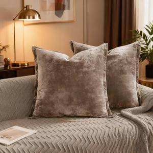 Velvet Pillow Covers 2 Pack Soft 26x26 Pillow Covers Solid Square Euro Shams Decorative Couch Pillow Cases with Wide Border for Sofa Bed Home Decor, Brown