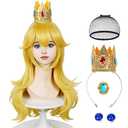 Wiggy Mermaid Long Blonde Princess Wig for Golden Peach Cosplay Wig + Crown Brooch Earrings Accessories + Wig Cap for Halloween Costume Cosplay