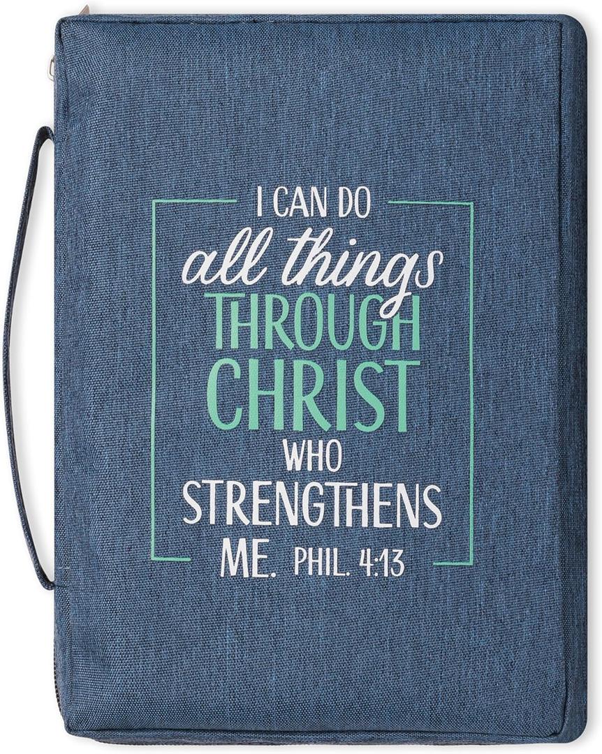 Christian Art Gifts Men/Women's Bible Cover I Can Do All Things Philippians 4:13, Blue/Turquoise Canvas, Large