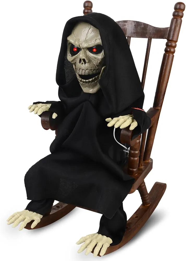 HugOutdoor Animated Halloween Decorations,Rocking Chair Skeleton Death Halloween Animatronics,Screaming Sound Glowing Red Eyes,Sound Activated,Scary Halloween Decor Outdoor Indoor