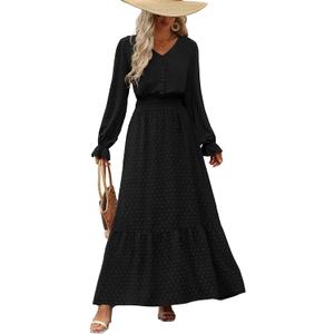 PRETTYGARDEN Women's Fall Maxi Dress 2024 V Neck Button Long Sleeve Swiss Dot High Waist Tiered Smocked Flowy Long Dresses (X-Large, Black)