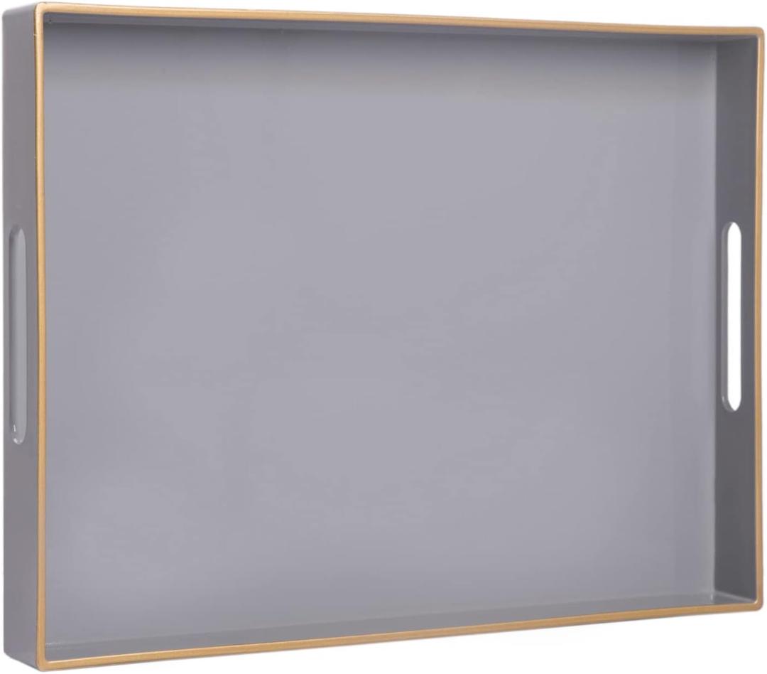 MAONAME Gray Serving Tray with Handles, Rectangular Decorative Tray, Modern Coffee Table Trays, Plastic Ottoman Trays for Bathroom, Decor, 15.7 x 11.8 x 1.57"
