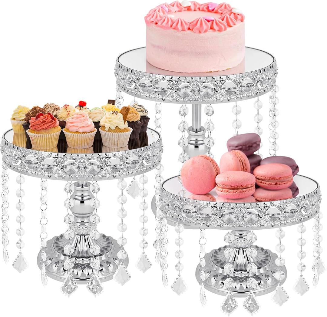 TLY 3 Pcs Silver Cake Stand Set, Round Cake Stand with Crystal Bling Pendants & Mirrored Base, Elegant Silver Dessert Table Display for Weddings Birthdays Parties