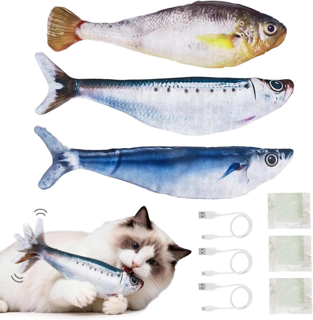 Cat Toys Flopping Fish 3 Pack Rechargeable Cat Toys Interactive for Indoor Exercise with Catnip, Moving Cat Toy 3 Flapping Mode 7.1 Inches Electric Realistic Plush Wiggle Fish