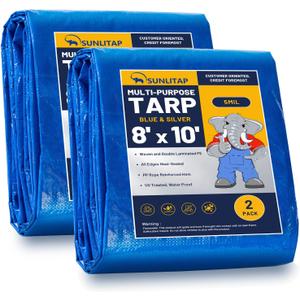 2 Pack 8' x 10' Waterproof Tarps, Finished Size Tarp Cover with Grommets Reinforced Edges, 5 MIL Multipurpose Light Duty Tarpaulin for Car, Camping, Boat, Roof, Protective Cover - Blue