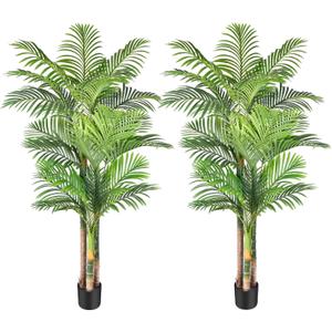 6ft Tall Triple Golden Cane Palm Artificial Tree Large Tropical Palm Tree UV Resistant Fake Plant in Pot for Indoor Outdoor Big House Living Room Outside Patio Office Home Decor (Set of 2)
