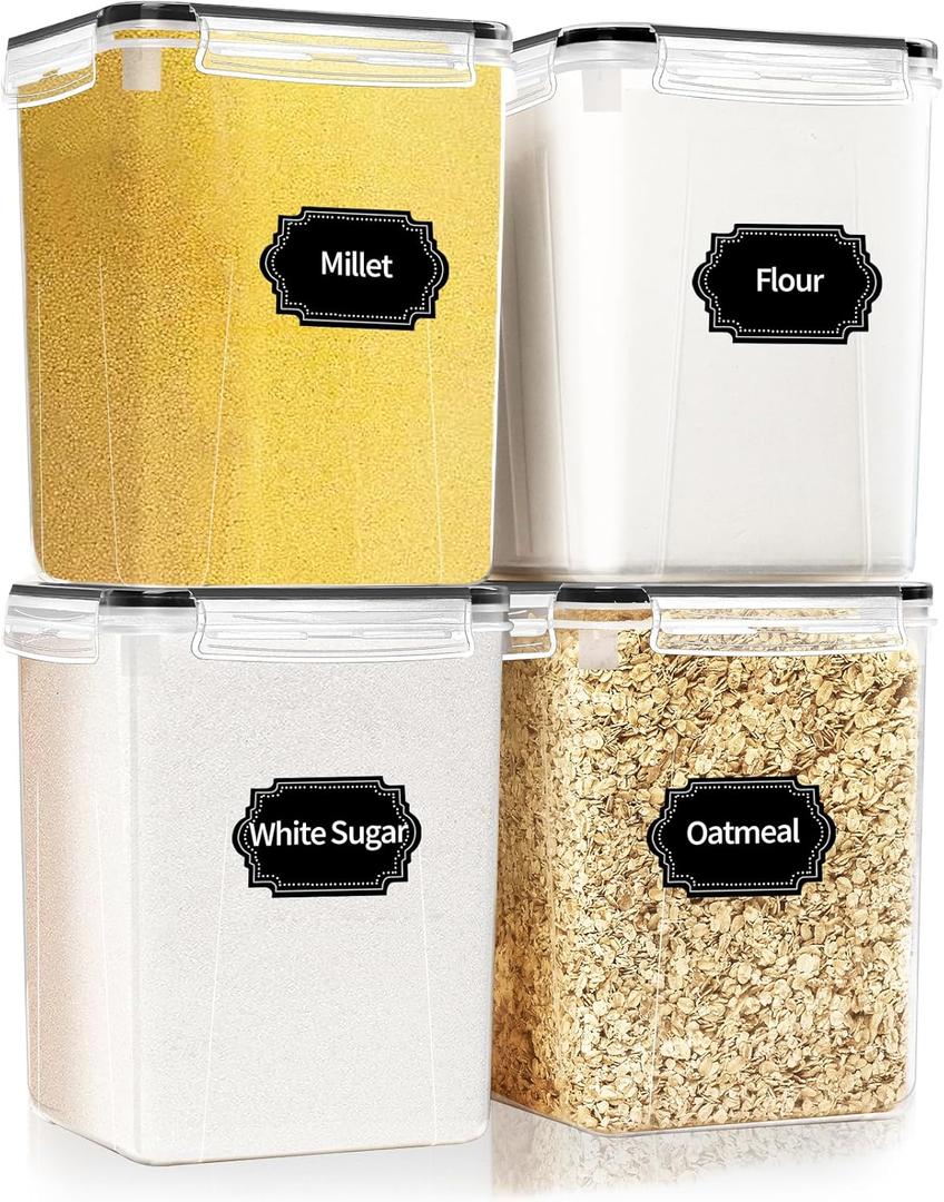 4 Pack Large Airtight Food Storage Containers with Lids (5.2L / 176oz), BPA Free Plastic Kitchen and Pantry Organization Contianers for Cereal Flour and Sugar Storage, Labels & Marker