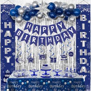 Blue Birthday Decorations for Men Women Boys, Happy Birthday Decorations Navy Blue and Silver, Happy Birthday Banner Balloons Tablecover Fringe Curtain Door Banner, Mens Boy Bday Party Supplies Decor