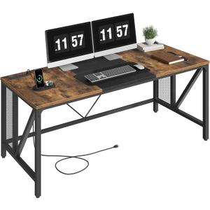 YATINEY 63" Computer Desk with Power Outlets, Gaming Desk, Large Office Executive Desk Workstation, Business Furniture for Home Office, Study, Rustic Brown and Black DN16UBR, 63"L x 27.6"W x 29.9"H