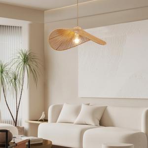 Boho Rattan Pendant Light Fixture Modern Style Hanging Light Bohia Natural Bamboo Handmade1-Light Hanging Lamp for Farmhouse Bedroom Living Room Dining Room (19.7'')
