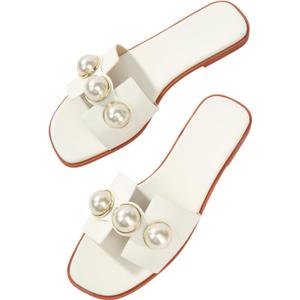 Verdusa Women's Flat Sandals Pearl Sandals Square Toe Summer Slip On Flat Shoes (White)