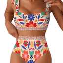 Herseas Womens Bikini Sets Two Piece Full Coverage Swimsuits Shoulder Strap Knot Padded High Rise Tummy Control Bathing Suits Teens Slimming Swimwear Beach Vacation Clothes Orange, Small