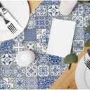 HOSNYE Table Runner Blue White Patchwork Tile in Spanish Style,Cotton Linen Table Runner Decoration for Kitchen Family Dinner Table Holiday Party Farmhouse Style 13 x 72 Inch