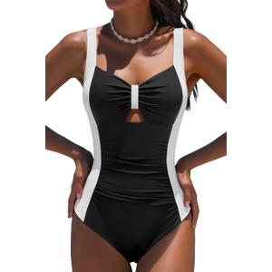 popvil Women One Piece Swimsuit 2026 Tummy Control Bathing Suit Slimming Neon Shapewear Swimwear (Large, Black&beige)