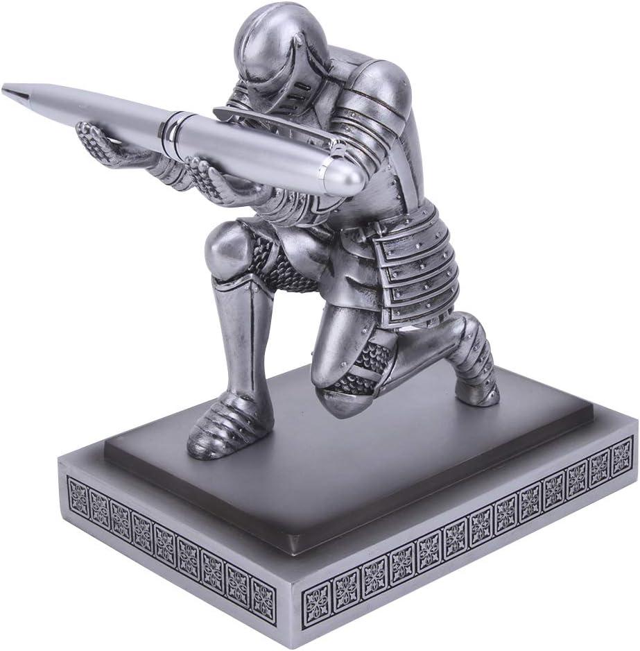 Knight Pen Holder Desk Organizers and Accessories Desk Decor Resin Pen Holder as Gift with a Cool Pen for Office and Home (Silver)