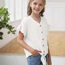 Girls Ruffle Short Sleeve Shirts V Neck Tie Front Knot Tops Button Cute Tunic Shirts Blouse, 160