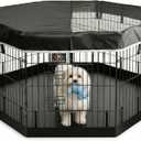 PJYuCien Dog Playpen with Top Cover and Bottom Pad - Metal Foldable Exercise Pen, 8 Panels 24" H x 24" W Indoor Outdoor Pet Fence Puppy Crate Kennel, Black