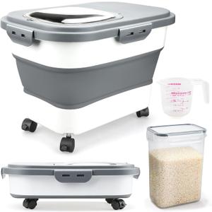 Komzon Rice Storage Containers, Collapsible 20 to 30Lbs Food Storage Bin Dispenser with Rolling Wheel and Clear Airtight Lid, BPA Free Flour, Sugar, Cereal and Dog Cat Pet food Containers, 16 Inches X 17 Inches X 4 Inches