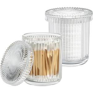 Glass Qtip Holder with Lid,Bathroom Organizer and Storage Jars - Apothecary Jars for Cotton Balls, Cotton Swabs,Pads,Floss Picks,Vanity Organizer,Bathroom Accessories and Countertop Storage Canisters (Clear)