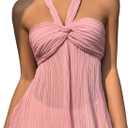 OYOANGLE Women's Textured Open Back Halter Top Sleeveless Twist Front Ruched Beach Vacation Going Out Top
