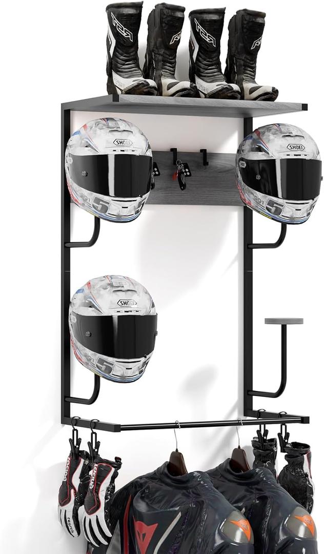 Motorcycle Helmet Holder Wall Mounted, Helmet Holder Wall Mount with Helmet Rack, 4 Glove Chips and 4 hooks, Rustic Helmet Holder and Motorcycle Helmet Rack for Most of Helmet and Clothes (Grey)