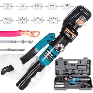 10 Ton Hydraulic Battery Cable Crimper Single-Hand Return, 9 Hex Dies for 12-2/0 AWG, 180 Rotating Head, Pro Terminal Tool for Car/RV/Marine Power