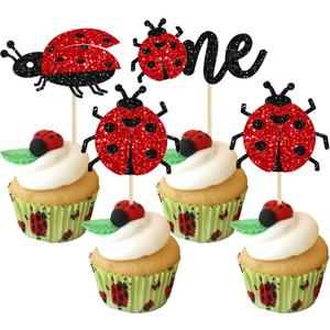 Gyufise 24Pcs Ladybug One Cupcake Toppers Glitter First Birthday Cake Topper Decorations for Garden Theme Baby Shower Birthday Party Cake Decorations Supplies (Red Black)