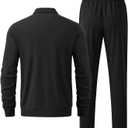 Men's Waffle Tracksuit 2 Pieces Set Casual Long Sleeve Zip Up Sweatsuits Solid Athletic Jogging Suit Sets (Black, S)