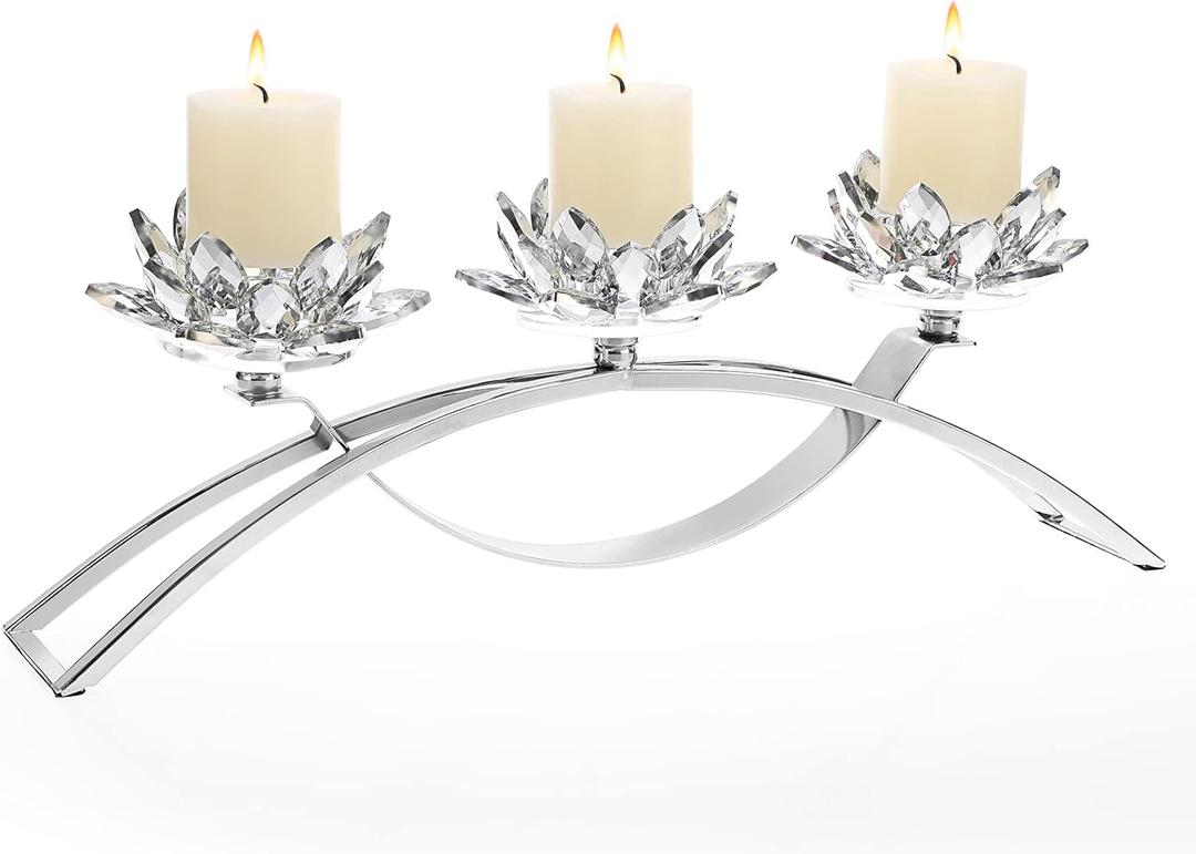 OwnMy 3 Arms Crystal Lotus Tealight Candle Holders Crystal Lotus Flower Votive Candle Stands, Decorative 3-Arms Crystal Lotus Candelabra Metal Crystal Lotus Candlestick Holder for Table Centerpiece (Silver)