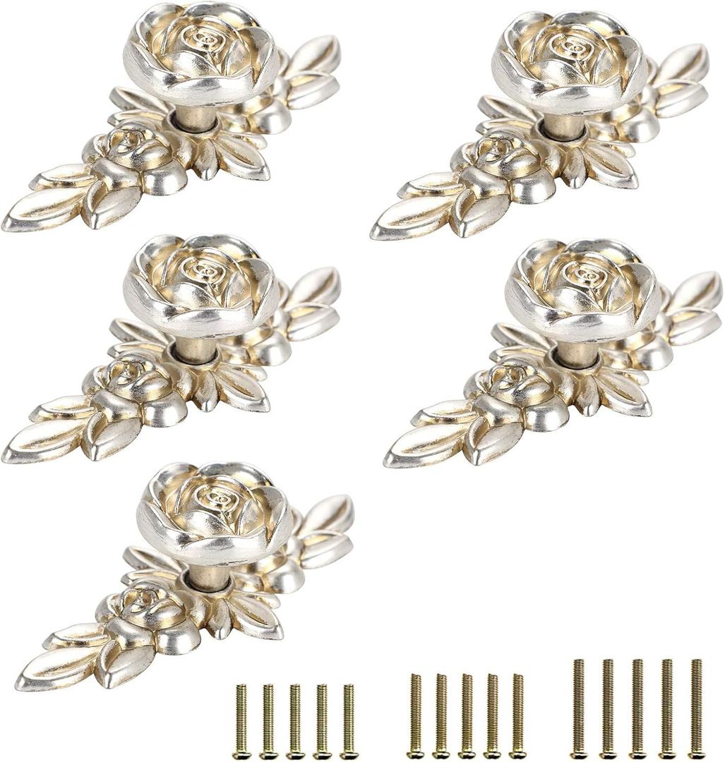 JUXYES Pack of 5 Euro Rose Decorative Cabinet Knobs with Plate, Floral Ivory Drawer Knob Cupboard Door Knobs, Ivory White Drawer Pulls Cabinet Handle Knobs for Dresser Cabinet (Small, Antique Silver)