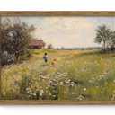Vintage Framed Canvas Wall Art, Rustic Wall Decor, Boy Running in the Flower Field Pictures Prints, Farmhouse Landscape Oil Painting, Country Artwork for Living Room Bedroom – 8x10in