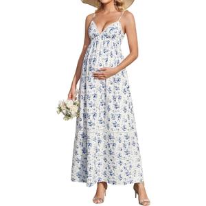 KUTUMAI Summer Lace V Neck Maternity Maxi Dresses for Women 2026 Casual Floral Long Flowy Photoshoot Baby Shower Dress (L)