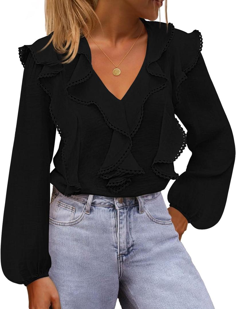 MEROKEETY Women's Fall Long Sleeve Ruffle Blouse Dressy Casual Top V Neck Trendy Business Work Shirts 2025, Black, Small