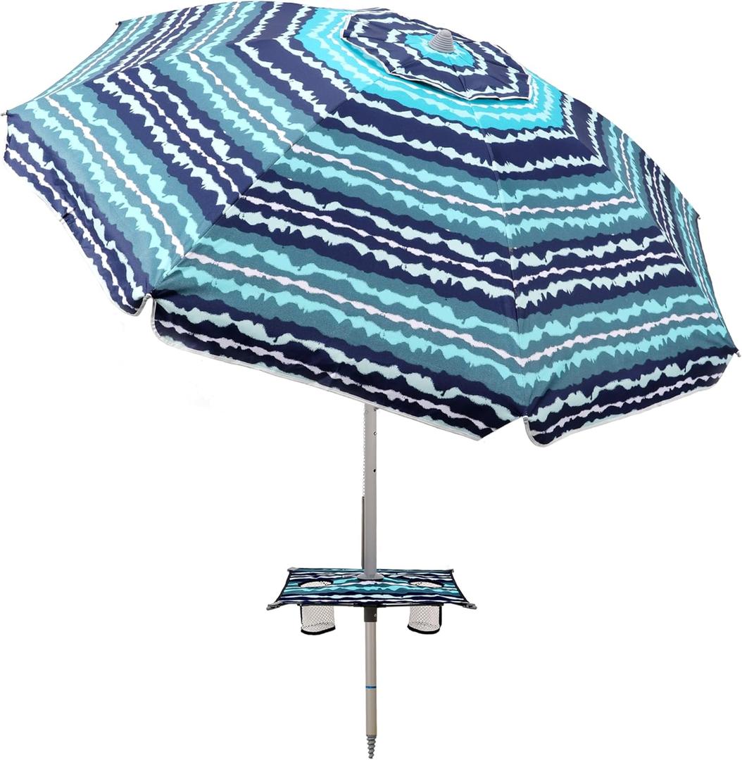 7ft Beach Umbrella with Built-in Table TrayUPF 50+ beach umbrellas for sand heavy duty wind portable, Windproof Outdoor Shade Umbrella for Patio Garden (Green Stripes)